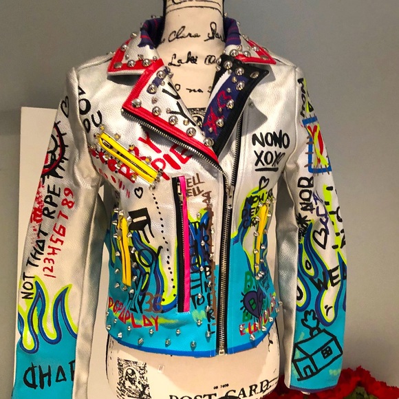 ❌SOLD❌ NWT Graffiti Punk, Rock & Roll Multi Color Graphic Spike & Rivet Moto,XL - Picture 7 of 16